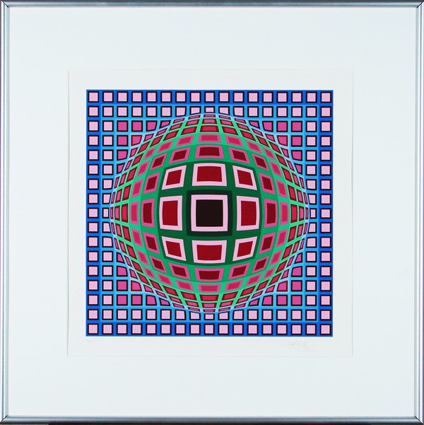 Victor Vasarely (1908-1997) Hungarian: PINK & RED GLOBE, color screenprint, signed in pencil, from the numbered edition 325, image 18 ½ x 18 ½”, full margins, framed (no glass), a few surface scuffs visible at certain angles in raking 
