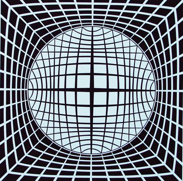 Victor Vasarely (1908-1997) Hungarian: BLUE GRID CIRCLE, color screenprint, signed in pencil, from the numbered edition 250, image 24 ½ x 24 ½”, sheet 39 ¼ x 30 ¾”, a few creases and soft handling creases, faint strip of toning rig