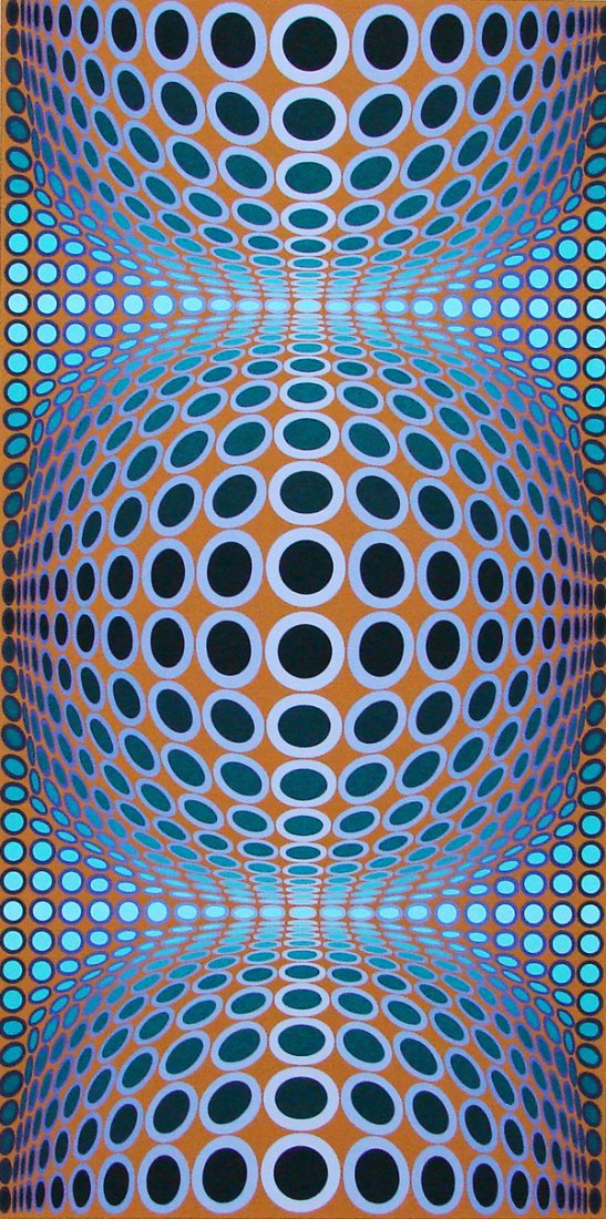 Victor Vasarely (1908-1997) Hungarian: THREE GLOBES WITH LAVENDER RINGS, color screenprint, signed in pencil, from the numbered edition 250, image 32 ¼ x 16 ½”, sheet 43 x 25 ½”, a few soft handling creases, a few scuffs mainly visi