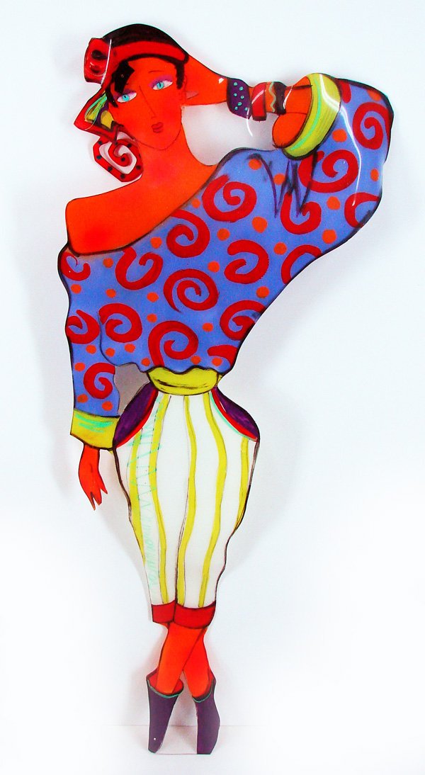 Myron Walker (20th Century) American: PLASTIC WOMAN, acrylic painting on cut plastic, signed, 56 x 22 x 2 ¾”, with rotating mechanism for earring and hair, lacking tiny finishing nut, paint speckles, otherwise in good condition.