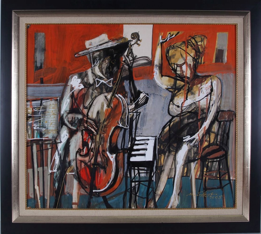 Artist Unidentified (20 th / 21 st Century) Armenian?: MUSICIANS, 2005, acrylic painting on paper mounted to foamcore, signed and dated lower right, 24 x 27 ¼”, frame 29 ¾ x 33 ½”.