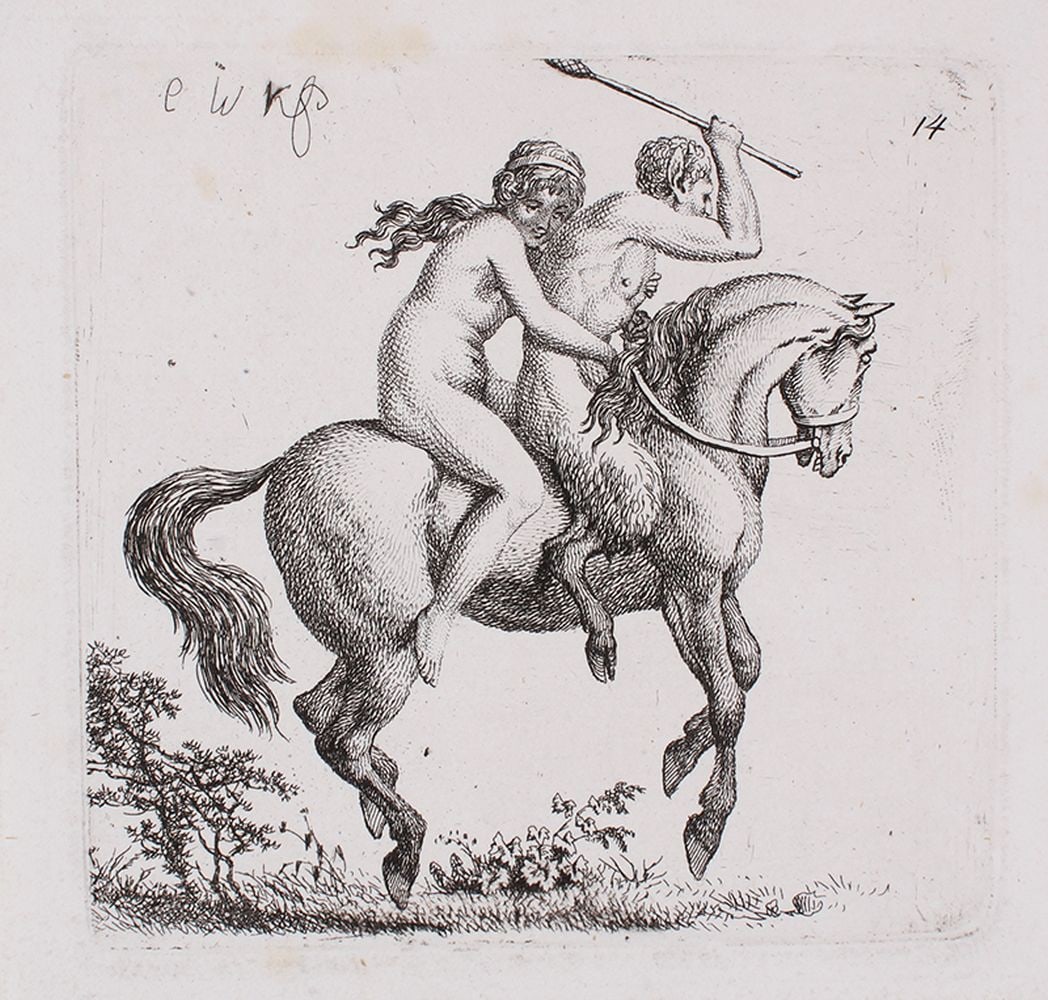 Old Master: Carl Wilhelm Kolbe (1757-1835) German: NUDE WOMAN AND SATYR ON HORSEBACK, etching, initialed in the plate, sheet 4 ½ x 4 ¾”, mat 14 x 11”.