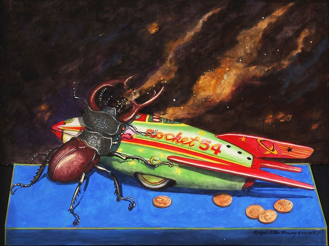 Ralph Massey (b. 1938) California: PENNIES AND THE JET, gouache on paper, signed lower right, 10 ½ x 13 ¾”, frame 13 x 16” with Plexiglas.