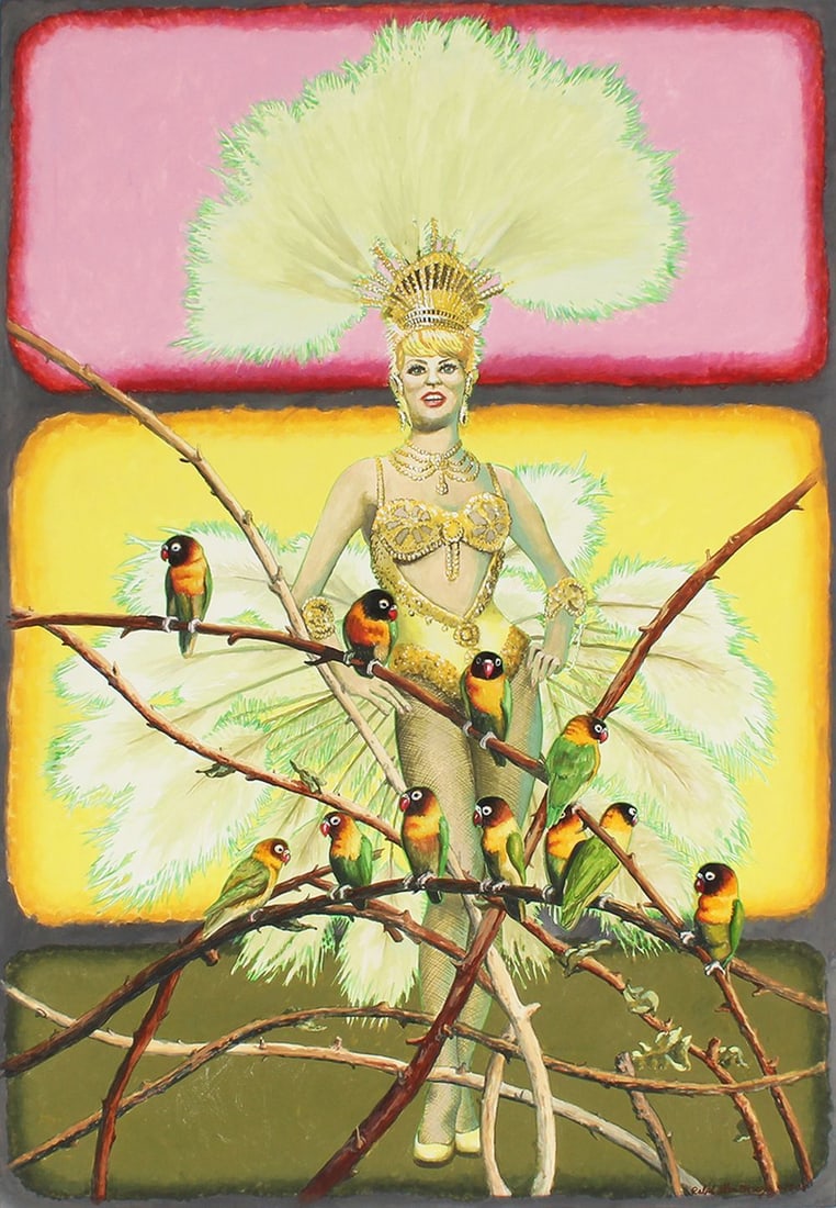 Ralph Massey (b. 1938) California: MASKED LOVEBIRDS, 2008, signed and dated lower right, 33 ¼ x 24 ¼”.In good studio condition.
