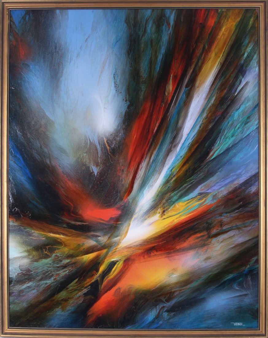 Leonardo Nierman (1932-2023) Mexico: COSMIC WIND, oil painting on Masonite, signed lower right, 39 ½ x 31”, framed 41 ½ x 33”.