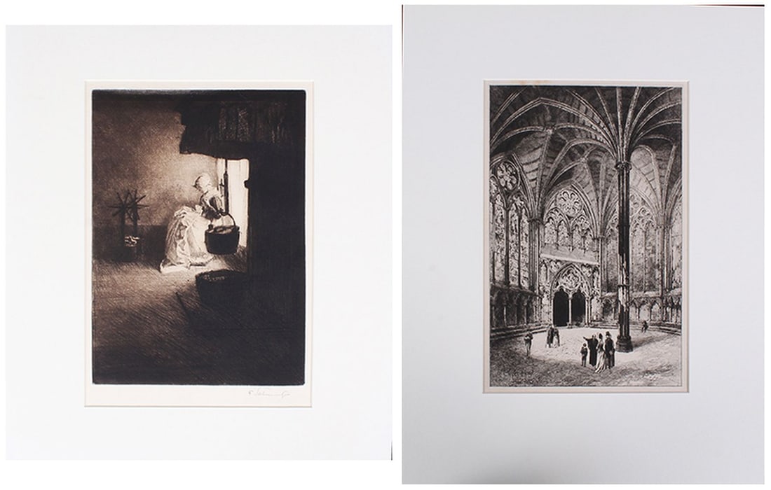 Ferdinand Schmutzer (1870-1928) Austria & Herbert Railton (1857-1910) British (two): Ferdinand Schmutzer HOLLANDISCHE WEIBNAHERIN, 1911, etching, signed in pencil, plate 10 ½ x 7 ½”, sheet 15 x 12”, mat 17 x 14”; Herbert Railton CHAPTER HOUSE, etching,