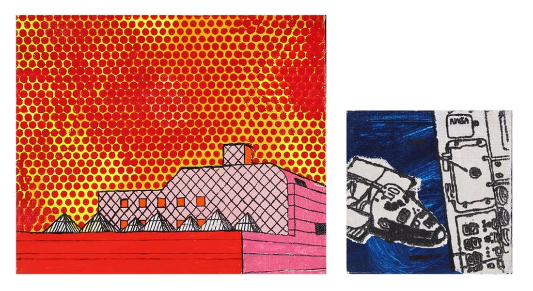 Henry Vincent (20 th /21 st Century California (two): BUILDING WITH PYRAMIDS, 1996, screenprint and acrylic painting on canvas, signed and dated and stamped on the verso, 10 x 12”, frame 11 ¼ x 13 ¼”; NASA, 1994, screenprint and