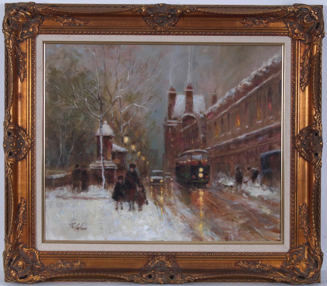 Richard Zolan (1931-2001) American: PARIS IN THE SNOW, 1998, oil painting on canvas, signed lower left and on verso, 20 x 24”, frame 27 ½ x 31 ½”.