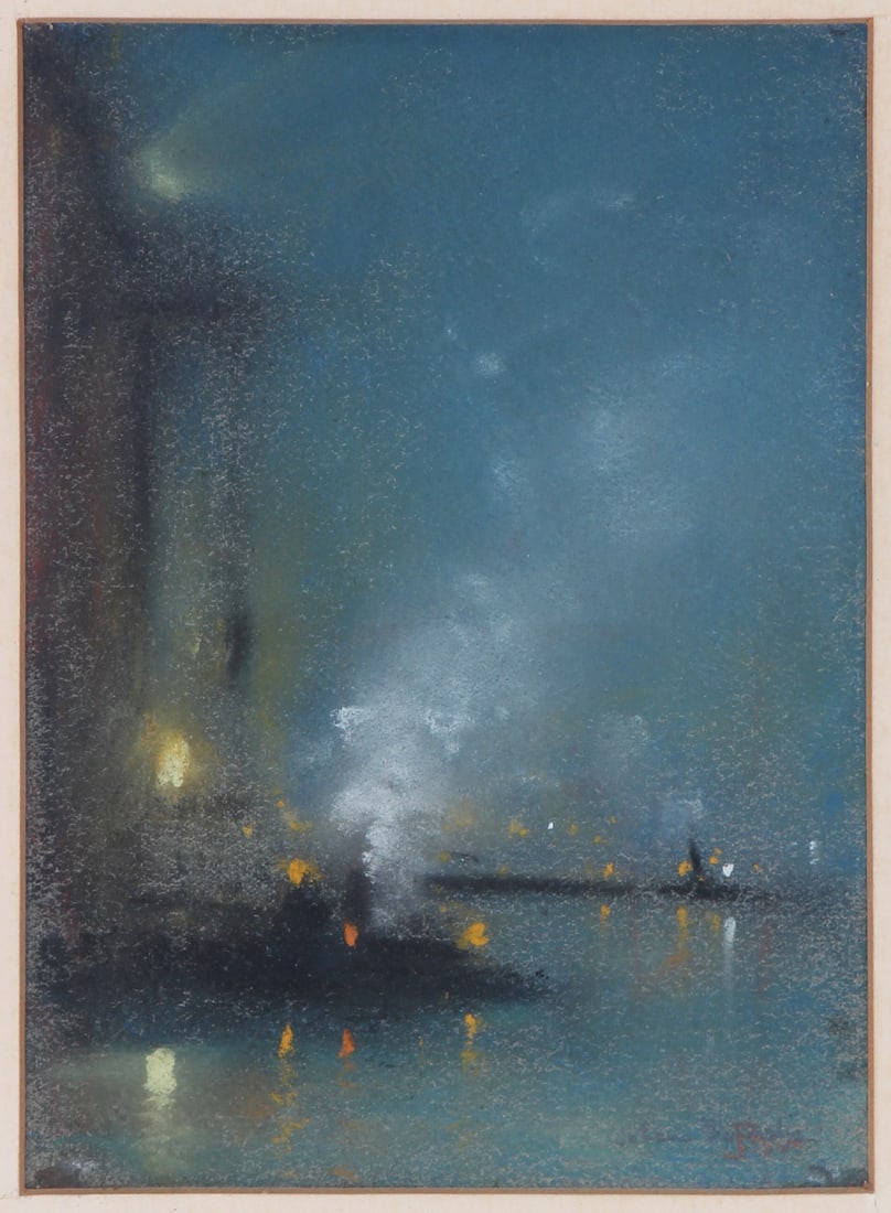 Johann Berthelsen (1883-1972) Copenhagen New York: DOCKS IN THE EVENING MIST, color pastel on paper, signed lower left, sheet 7 ¾ x 5 ½”, frame 14 x 11 ¾” with glass.
