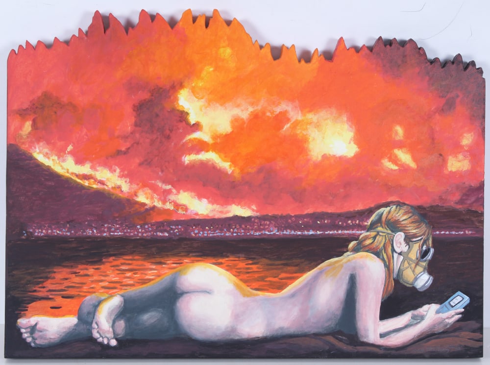 Ralph Massey (b. 1938) California: SOME ONLINE SAY THE WORLD WILL END ON FIRE, acrylic painting on shaped panel, signed and dated lower right, 17 x 23 ¼”.