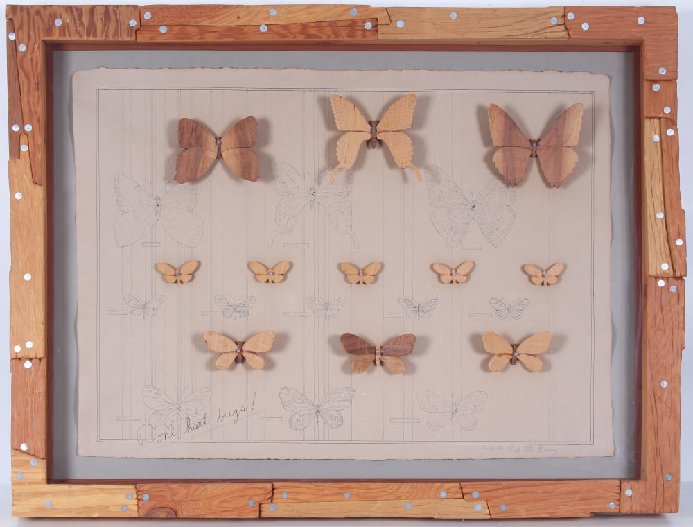 Ralph Massey (b. 1938) California: LEPIDOPTERY, 1986, mixed media wood construction, signed and dated lower right, overall 29 ½ x 38 ¼ x 2 ¾”, 24 lbs.