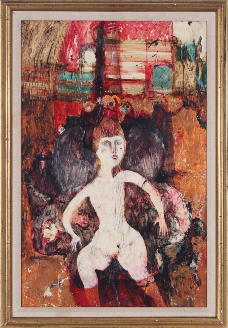 Charles Pebworth (1926-2019) Texas Oklahoma: UNTITLED (NUDE WOMEN), 1971, mixed media on artist board, signed lower left, 24 x 16”, frame 27 ¼ x 19”, Provenance: DuBose Gallery Houston Texas, with Artist signed certificate.