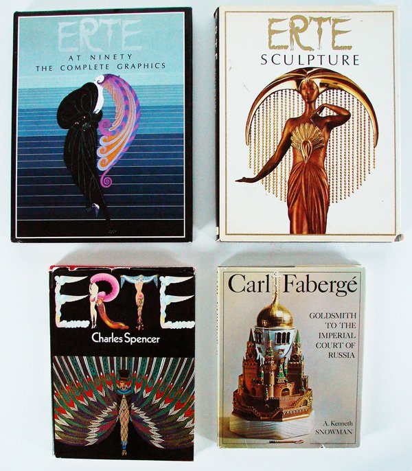 Art Book Collection (four): Erte, 1970, Spencer, Studio Vista Ltd., hardbound book, signed and dedicated; Erte at Ninety, Complete Graphics, 1982, Solomon/ Erte, Balance House; Erte Sculpture, 1986, Erte, Balance House, Ltd.; Ca