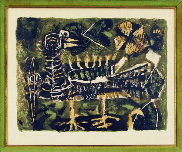 Antoni Clave (1913-2005) Spanish: ROOSTER, color lithograph, signed in pencil, from the edition artist’s proof, aside from the numbered edition, image 15 x 19 ½”, full margins, framed with glass, sun toning, possibly faded?, othe