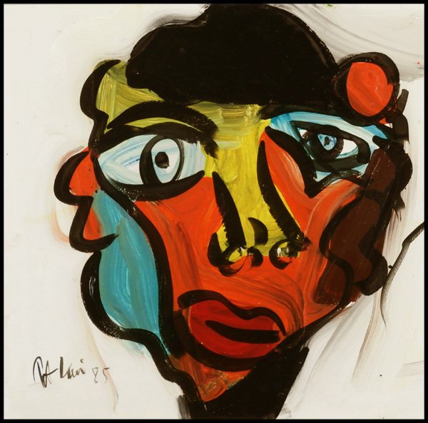 Peter Keil (b. 1942) German/ American: IRON MAN, 1985, oil painting on Masonite, signed and dated lower left, titled signed and dated on verso, 24 x 24”, in good studio condition.