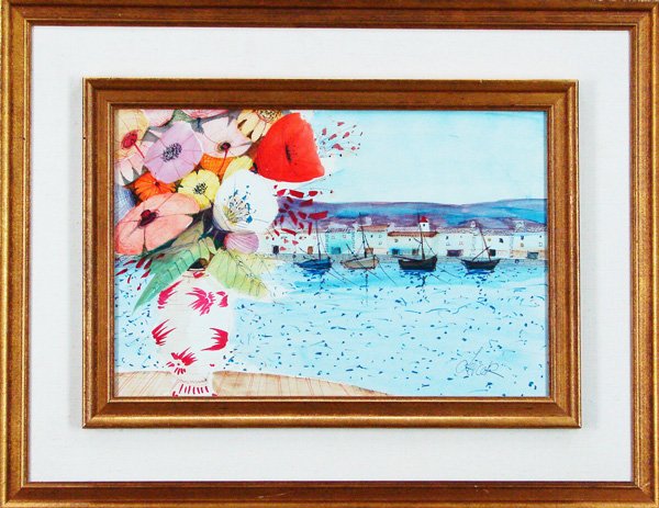 Charles Levier (1920-2004) French: FLOWERS IN VASE WITH RIVER VIEW, watercolor on paper, signed lower right, 14 x 21”, framed with glass, in good studio condition.