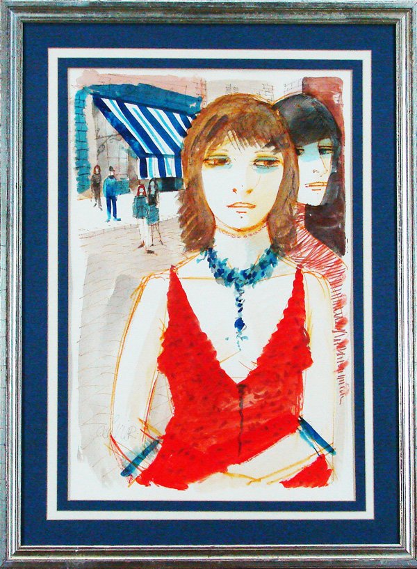 Charles Levier (1920-2004) French: WOMAN IN RED DRESS, watercolor on paper, signed lower left, image 22 ½ x 15”, framed with glass, in good studio condition.
