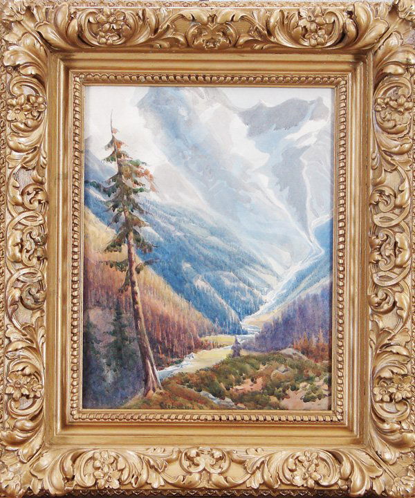 George Lingford (1853-1933) British/ Canadian: SENTRY OF THE GEORGE, BRITISH COLUMBIA, watercolor on paper, signed lower center, 12 ½ x 10”, framed with glass.