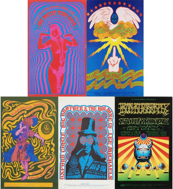 Rock N Roll Posters: Victor Moscoso (five): AVALON BALLROOM, ELECTRIC FLAG/ MAD RIVER, 1966, color lithograph poster, 20 x 14”, design by Victor Moscoso, Family Dog Productions; Together with AVALON BALLROOM: QUICKSILVER/ MILLER BLUES BAND, 1