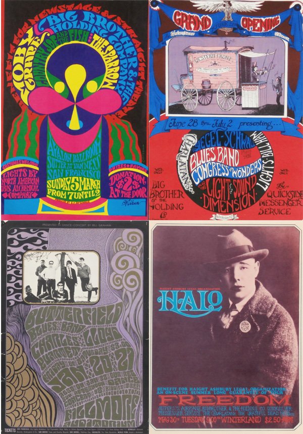 Rock N Roll Posters: Wes Wilson, Stanley Mouse & A: BILL GRAHAM PRESENTS BUTTERFIELD BLUES BAND, 1967, color lithograph poster, 21 ¾ x 14 ½”, design by Wes Wilson, West Coast Lithograph Co.; Together with HALO BENEFIT AT WINTERLAND/ JEFFERSON AIRPL