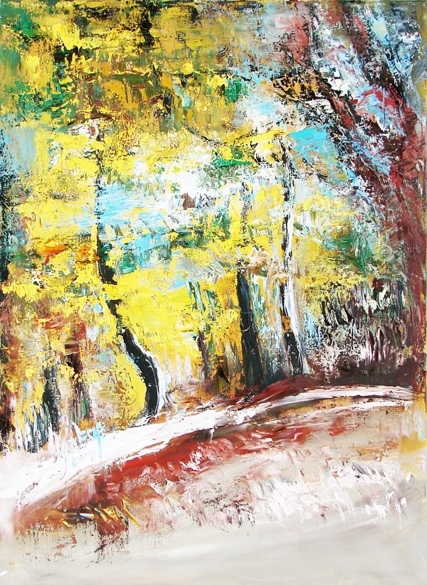 Vanecha Roudbaraki (b. 1966) Iranian: FORREST JEUR, 2004, oil painting on canvas, signed and dated lower left, titled signed and dated on verso, 39 ½ x 29”, with artist’s Parisian stamp on stretcher bar, soft dimple lower left, other