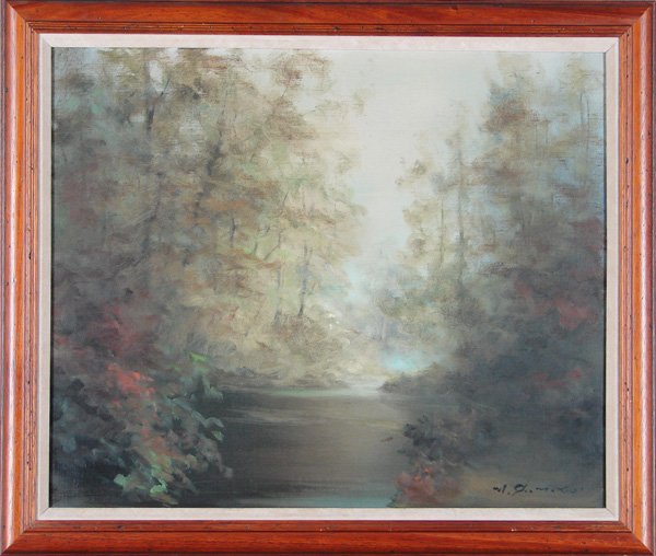 Mitsuzo Shimizu (1905-1986) Californian: MISTY LANDSCAPE, oil painting on canvas, signed lower right, 20 x 24”, framed, very minor surface soiling, otherwise in good condition.