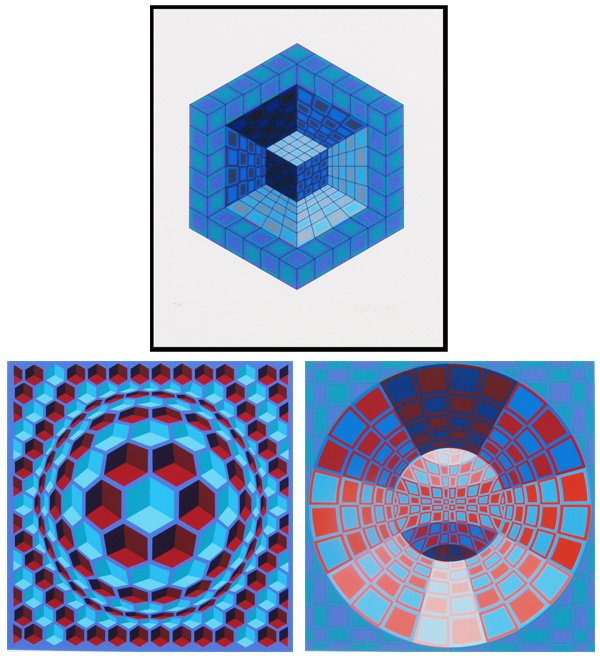 Victor Vasarely (1908-1997) Hungarian (three): HELIOS Series, set of three color screenprints, each signed in pencil, matching edition numbers of 250, images 12 x 12”, all with full margins. (3)