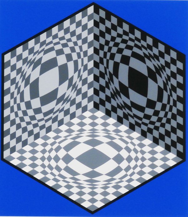 Victor Vasarely (1908-1997) Hungarian: BLACK AND WHITE CUBE ON BLUE, color screenprint, signed in pencil, from the numbered edition 20 artist’s proofs aside from the numbered edition, image 22 x 19 ¼”, full margins, a few soft handlin