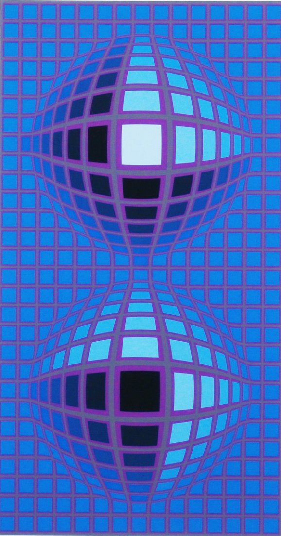 Victor Vasarely (1908-1997) Hungarian: TWO GLOBES BLUE & PURPLE, color screenprint, signed in pencil, from the numbered edition 325, image 35 x 18 ¾”, full margins, soft handling creases mainly in the margins, otherwise in good conditio