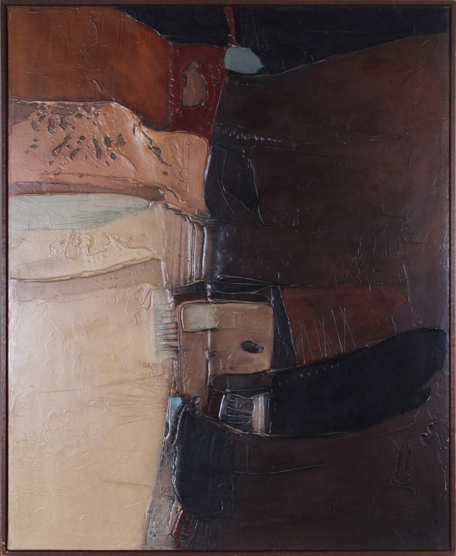 Gary Adcock ( -1998) Texas: UNTITLED BROWNS, acrylic or Latex painting on canvas, signed lower right, 36 x 30”, frame 37 ½ x 31 ½”.