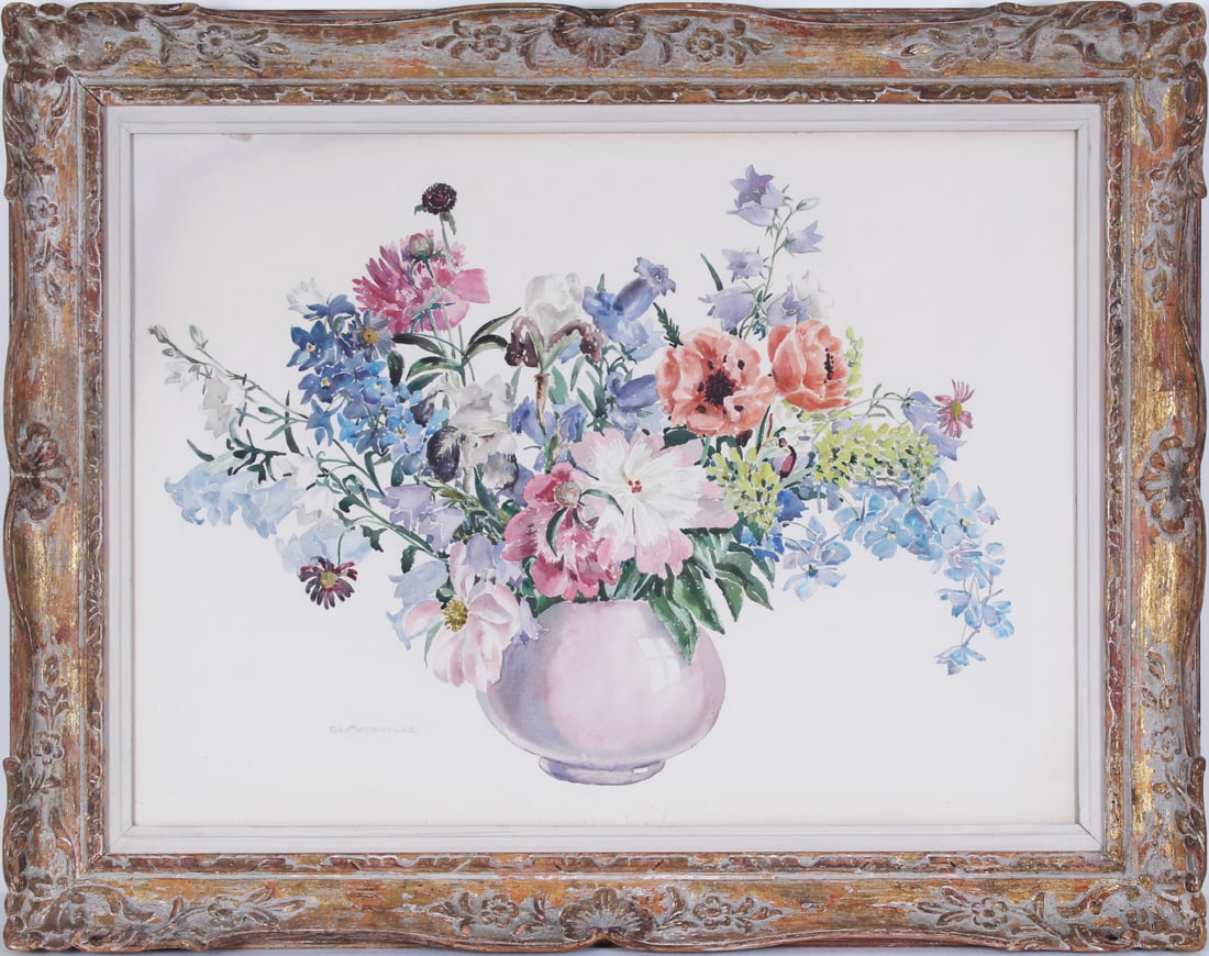 Charles Baskerville (1896-1994) American: SUMMER FLOWERS, watercolor on paper, signed lower left, 22 x 30”, artist exhibition label on back of frame 29 ½ x 37 ½”.