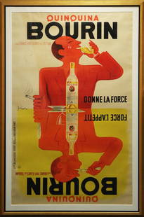 Pierre Bellenger (1909-) French: QUINQUINA BOURIN, 1936, color lithograph poster, signed and dated in design center left, De La Vasselais Imprimeurs Editeurs, sight 78 ½ x 49”, frame 88 x 58 ½” with Plexigla