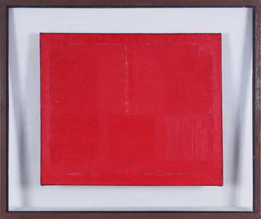 Eros Bonamini (1942-2012) Italian: UNTITLED RED, 1974, oil painting on canvas, incised initials lower left, signed and dated on verso, 19 ½ x 23 ½”, welded metal frame 28 ¼ x 33 ¾” with Plexiglas