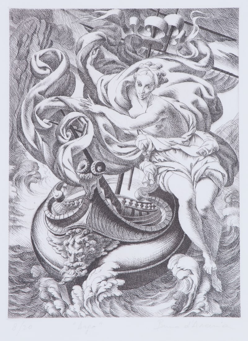 Bruno D’Arcevia (b. 1946) Italy: ARGO, etching, signed and numbered 8/120 in pencil, plate 12 ¼ x 9 ¼”, full margins, frame 29 ¾ x 25 ¾” with glass.