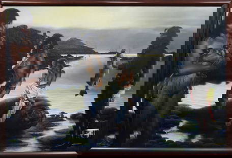 Pascal Daussat (b. 1951) French Surrealist: IL LES ATTRAPE AVEC SON GROS POISSON, 1988, acrylic painting on canvas, signed and dated lower left and titled lower right, 51 x 77”, frame 55 ½ x 81”. Provenance: Boyd/Sherrel Gall