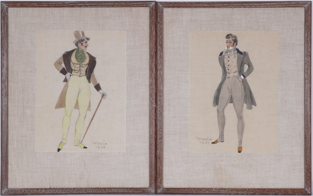 Fashion Illustration (19 th / 20 th Century) (two): GENTLEMEN’S ATTIRE, a pair of watercolors on paper, each signed Monica 1939 in pencil lower right, sheets 11 x 8”, frames 17 ½ x 14” with glass. (2)