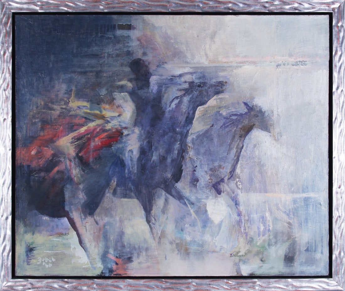 Zubel Kachadorrian (1924-2002) Armenian American: HORSE RACES, 1966, acrylic painting on canvas, signed and dated lower left, 28 ¾ x 34 ½”, frame 32 ¼ x 37 ¾”.