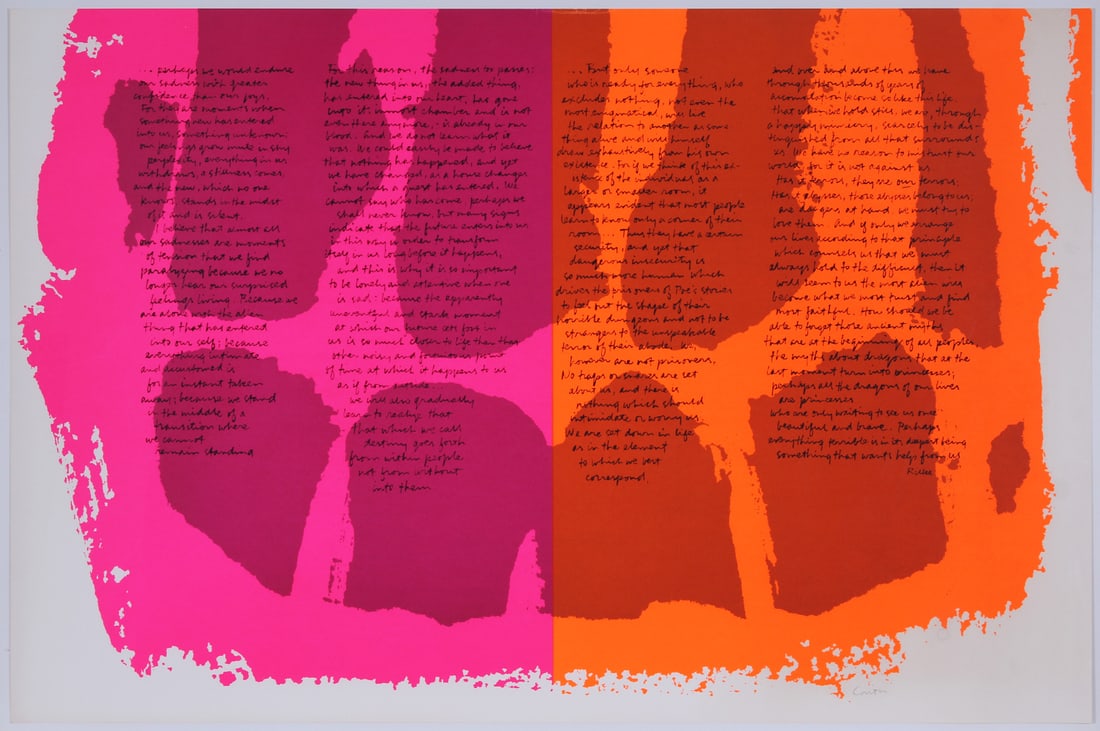 Sister Mary Corita Kent (1918-1986) California: PERHAPS WE COULD ENDURE (73-06, full page illustration page 208), color screenprint with bright fresh colors, signed in pencil, from the edition of 97, sheet 22 ¼ x 34 ¼”.