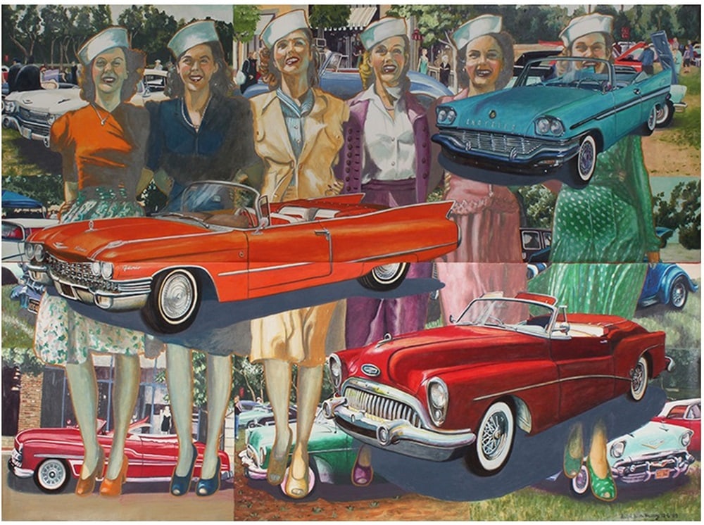 Ralph Massey (b. 1938) California: NARRATIVE STREAM (diptych), 2009, acrylic painting on panel, signed and dated lower right, overall 27 x 39”.