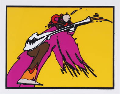 Peter Max (b. 1937) German American: JIMI HENDRIX, 1997, color screenprint, signed and numbered 17/45 in pencil, image 19 ¼ x 25 ¼”, full margins, frame 26 ½ x 32 ¼” with glass, with certificate on