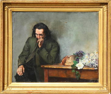 19 th  Century Artist Unidentified  with Moirinat Paris stamp: SEATED MAN AT A TABLE, oil painting on canvas, a signature not found, Moirinat Paris stamp on verso, 21 &frac12; x 25 &frac34;&rdquo;, frame 28 &frac12; x 32 &frac12;&rdquo;. Maison Moirinat Paris, 18