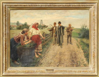 Josef Rolletschek  (1859-1934) Austrian: STUDY EXCURSION, 1891, oil painting on canvas, signed and dated lower right, 21 &frac12; x 28 &frac12;&rdquo;, remnants of a KB Kunst tag and inventory tag with title on back of frame 27 &frac34; x 35