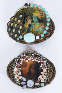 Shayna Saide  La Beouf   (1942-2022) New York California  (two): KRISHNA; MADONNA WITH PEARLS HEADDRESS, two hand-made mixed media metal belt buckles, each with collaged images, applique, rhinestones and faux or semi-precious stones, signed on back, both sizes 3 &f