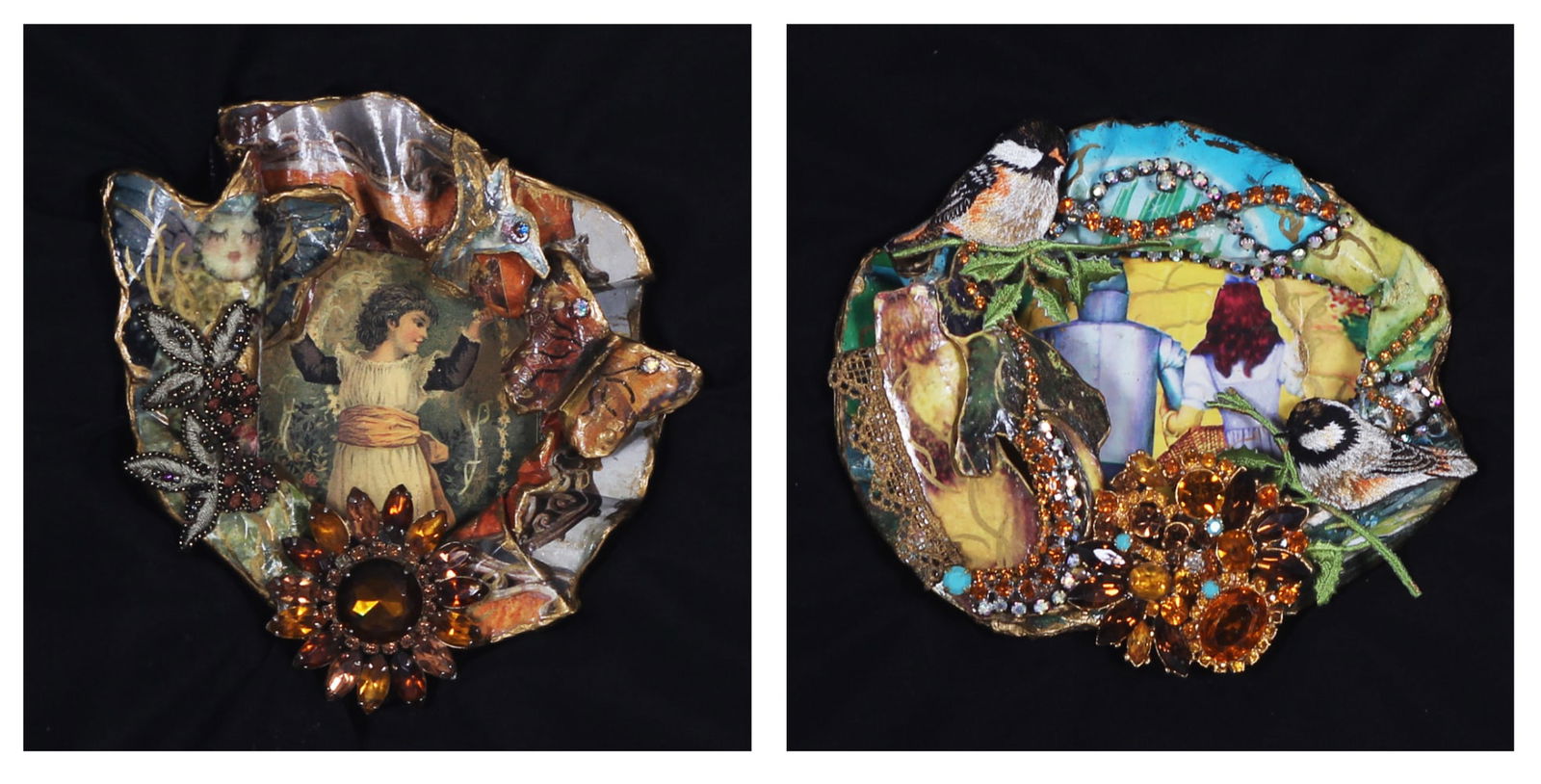 Shayna Saide La Beouf (1942-2022) New York California (two): DIVINE MUSIC; LOVE AND COURAGE, two one-of-a kind mixed media collage sculptures, each signed and titled and dated on verso of artist designed frames 15 ¼ x 15 ¼”. (2)