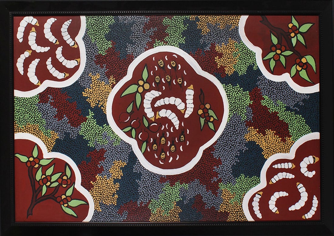 Aboriginal Judy Trigger (b. 1947) Mutitjulu: LARVA LIFE, oil painting on canvas wrapped around board, signed or inscribed on verso, 24 x 36”, frame 27 ½ x 39 ½” with glass.