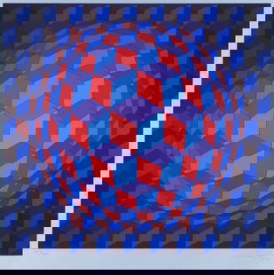 Victor Vasarely (1906-1997) Hungarian: RED, PURPLE AND BLUE CUBE, color screenprint, signed and numbered 223/340 in pencil, sheet 24 x 19 ½”, frame 24 ½ x 20 ½” with glass.