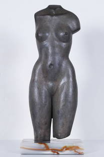 Walter Vasquez  (20 th  Century): FEMALE TORSO, 1973?, cast bronze sculpture with light green patina, signed and inscribed 3-73-© at base of right leg, height 22&rdquo; tall including 9 x 5 x 1 &frac12;&rdquo; marble base, weight 31