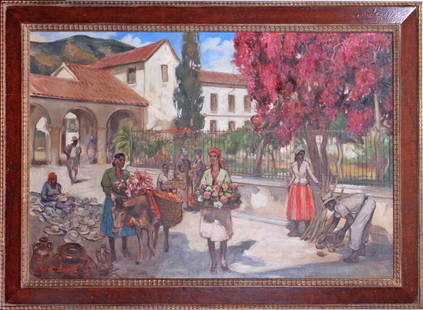 William Edouard Scott (1884-1964) Illinois Indiana: HAITIAN MARKET, oil painting on canvas, signed lower left, 28 x 42”, handsome frame 35 x 49”. Provenance: acquired directly from artist by previous owner’s father, Wilbur Sinclair.