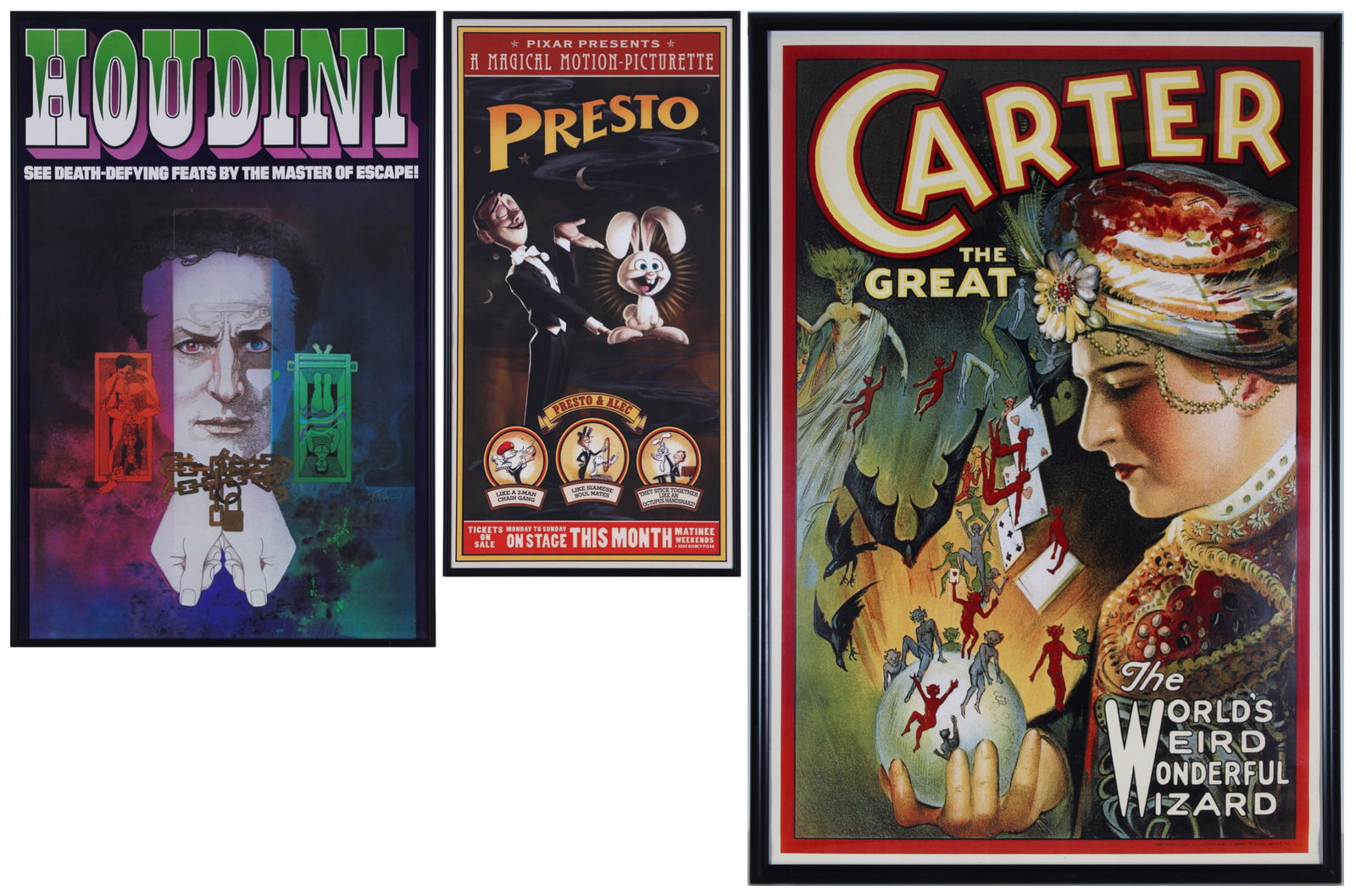 Houdini by Bob Peak; Pixar Short Film; Carter the Great (three): HOUDINI, SEE DEATH DEFYING FEATS), artwork by Bob Peak, print sight 29 ½ x 19 ½”, frame 30 ¼ x 20 ¼” with Plexiglas; PRESTO, 2008, print 26 ½ x 13 &frac1