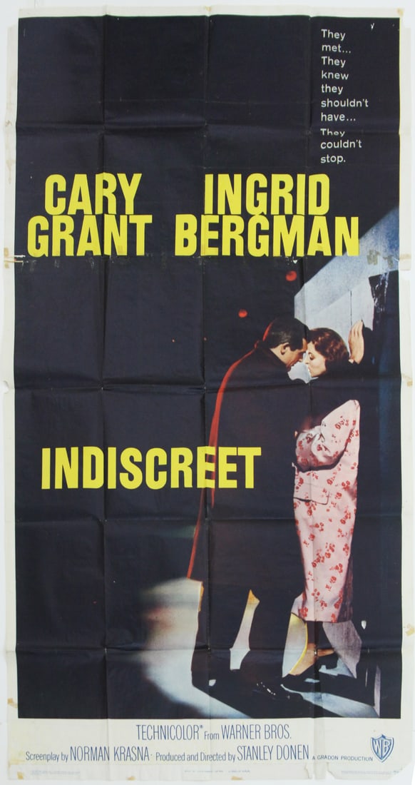 Indiscreet: INDISCREET, 1958, three-sheet size on two sheets with folds as issued, 79 x 41 ½”, starring Cary Grant, Ingmar Bergman, directed by Stanley Donen, Warner Brothers, numbered 58/925 and 58/